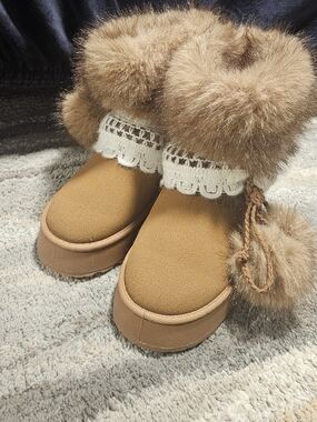 Tan Faux Fur& Suede Boots With Lace Trim & Pom Poms